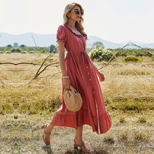 Load image into Gallery viewer, Spring Puff Sleeve Long Dress Women Solid Color Ruffles Button High Waist O Neck Elegant Dress For Women 2021 New Casual