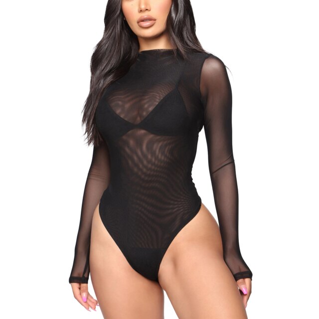 Spring Rompers See-through Long Sleeve Solid Sexy Sheath Skinny Romper Bodysuit Women Jumpsuits Body Top Casual Lady Streetwear