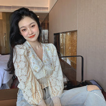 Load image into Gallery viewer, Spring Summer Autumn Super-short V-Neck Lolita Style Embroidery Lantern Sleeve Lightweight Breathable Sexy Slim Casual Shirts