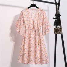 Load image into Gallery viewer, Spring Summer Chiffon Dress Women V-Neck Floral Print Short Dresses Sweet Ruffle Sleeeve Slim 2021 New Drawstring Ladies Dress