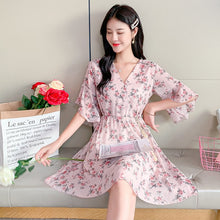 Load image into Gallery viewer, Spring Summer Chiffon Dress Women V-Neck Floral Print Short Dresses Sweet Ruffle Sleeeve Slim 2021 New Drawstring Ladies Dress
