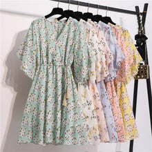Load image into Gallery viewer, Spring Summer Chiffon Dress Women V-Neck Floral Print Short Dresses Sweet Ruffle Sleeeve Slim 2021 New Drawstring Ladies Dress