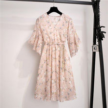 Load image into Gallery viewer, Spring Summer Chiffon Dress Women V-Neck Floral Print Short Dresses Sweet Ruffle Sleeeve Slim 2021 New Drawstring Ladies Dress