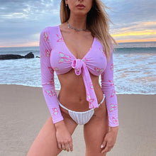 Load image into Gallery viewer, Spring Summer Ladies Regular Full Sleeve Print Fashion Blouses Women 2021 New Beach Style Super Short Bow Top For Sexy