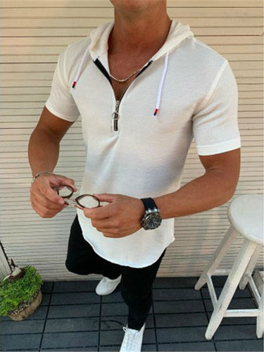 Spring Summer New Casual T-shirts With Hooded For Mens Solid Pullover Streetwear Fashion Slim Fit Short Sleeve Hoodies Tee Men