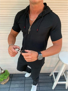 Spring Summer New Casual T-shirts With Hooded For Mens Solid Pullover Streetwear Fashion Slim Fit Short Sleeve Hoodies Tee Men
