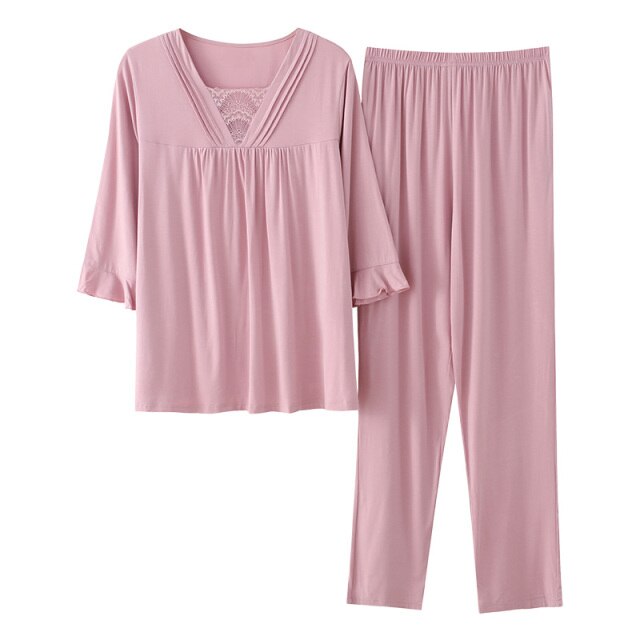 Spring Summer New Ladies Pajamas Set Soild Colour Full Modal Fresh Style Sleepwear Set Women Pullover Female Casual Homewear 3XL