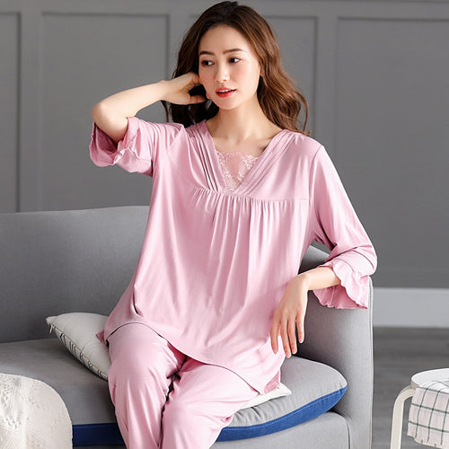 Spring Summer New Ladies Pajamas Set Soild Colour Full Modal Fresh Style Sleepwear Set Women Pullover Female Casual Homewear 3XL