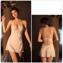 Load image into Gallery viewer, Spring/Summer New Women Sexy Lace Nightwear Set Thin Satin Sling Sleepwear V-neck Cross Trim Nightdress and Panty Soft Homewear