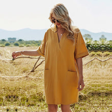 Load image into Gallery viewer, Spring Summer Women Elegant Solid Color Half Sleeve Short Dress Loose Pocket V Neck