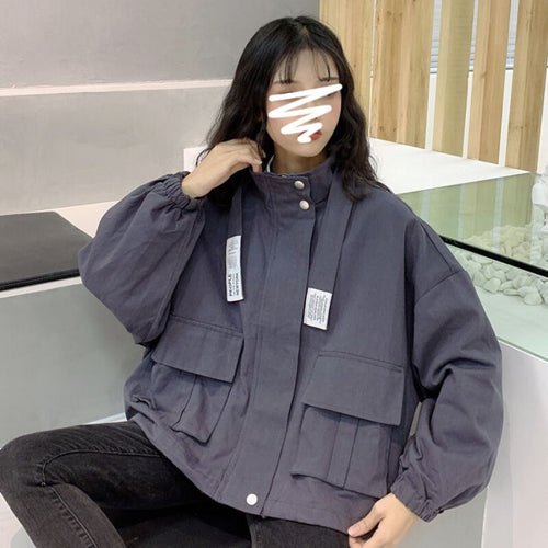 Spring and Autumn New Solid Color Tooling Short Jacket Female Students Loose Wild BF Stand-up Collar Long-sleeved Jacket
