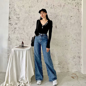 Spring and Autumn new retro style high waist solid color wide leg jeans women street solid color slim straight jeans ladies