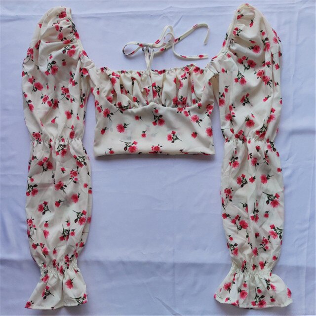 Square Collar Crop Tees Tops Women's Puff Sleeve Tanks Top  Blouse Fashion Retro Clothing Summer Blouses Female Shirts