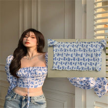 Load image into Gallery viewer, Square Collar Crop Tees Tops Women&#39;s Puff Sleeve Tanks Top  Blouse Fashion Retro Clothing Summer Blouses Female Shirts