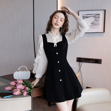Load image into Gallery viewer, Stand Collar Bow Mesh Patchwork Button Slim Mini Dress for Women Ruffle Long Sleeve Fashion Party Dresses Female Autumn Clothes