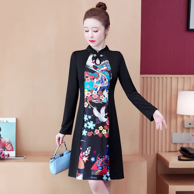 Stand Collar Retro Buckle Long Sleeve Women Improved Cheongsam Autumn Chinese Style Plus Size Elegant Slim Dress Female Qipao