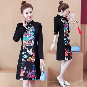 Stand Collar Retro Buckle Long Sleeve Women Improved Cheongsam Autumn Chinese Style Plus Size Elegant Slim Dress Female Qipao