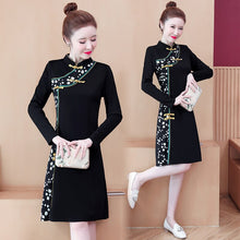 Load image into Gallery viewer, Stand Collar Retro Buckle Long Sleeve Women Improved Cheongsam Autumn Chinese Style Plus Size Elegant Slim Dress Female Qipao