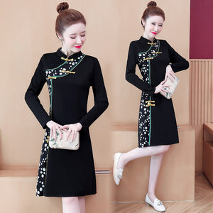 Stand Collar Retro Buckle Long Sleeve Women Improved Cheongsam Autumn Chinese Style Plus Size Elegant Slim Dress Female Qipao