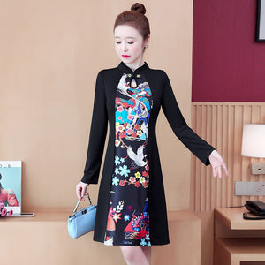 Stand Collar Retro Buckle Long Sleeve Women Improved Cheongsam Autumn Chinese Style Plus Size Elegant Slim Dress Female Qipao