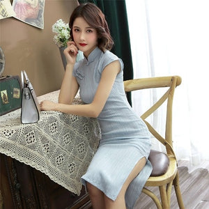 Stand Collar Retro Buckle Short Sleeve Slim Dress Women Summer Elegant Solid Split Fork Improved Cheongsam Ladies Qipao Clothes