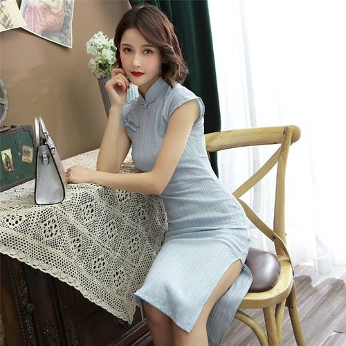 Stand Collar Retro Buckle Short Sleeve Slim Dress Women Summer Elegant Solid Split Fork Improved Cheongsam Ladies Qipao Clothes