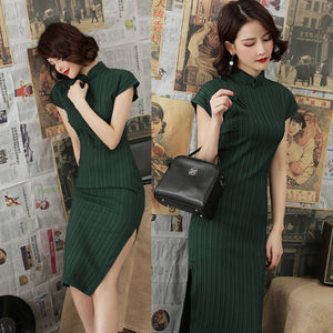 Stand Collar Retro Buckle Short Sleeve Slim Dress Women Summer Elegant Solid Split Fork Improved Cheongsam Ladies Qipao Clothes