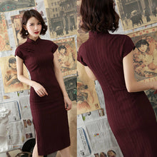 Load image into Gallery viewer, Stand Collar Retro Buckle Short Sleeve Slim Dress Women Summer Elegant Solid Split Fork Improved Cheongsam Ladies Qipao Clothes
