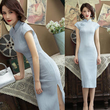 Load image into Gallery viewer, Stand Collar Retro Buckle Short Sleeve Slim Dress Women Summer Elegant Solid Split Fork Improved Cheongsam Ladies Qipao Clothes