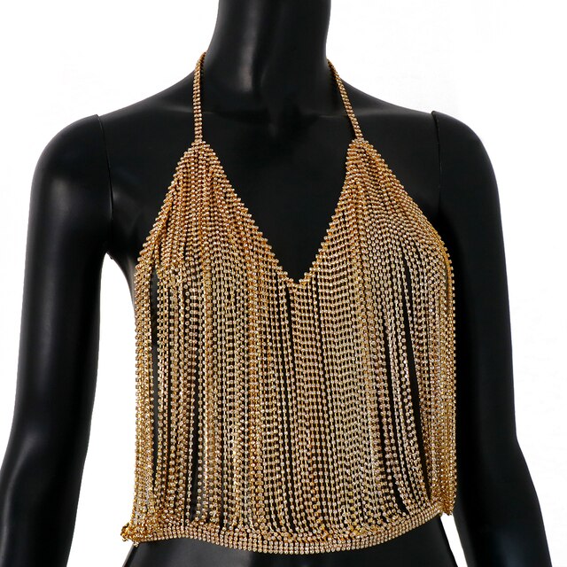 Stonefans Romantic Rhinestone Tassel Chest Chain Vest for Women Sexy Lingerie Bling Crystal Body Chain Bra Outfit Jewelry Dress
