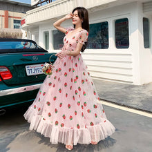 Load image into Gallery viewer, Strawberry dress Sequined Embroidery Cascading Ruffle Maxi Dress Women summer V-neck Puff Sleeve Bow Pink Tulle Mesh Long Dress