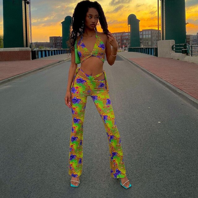 Streetwear Print Hollow Out 2 Two Piece Sets Women Summer Matching Set Female Halter Backless Crop Top Bandage Long Pants