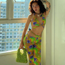 Load image into Gallery viewer, Streetwear Print Hollow Out 2 Two Piece Sets Women Summer Matching Set Female Halter Backless Crop Top Bandage Long Pants