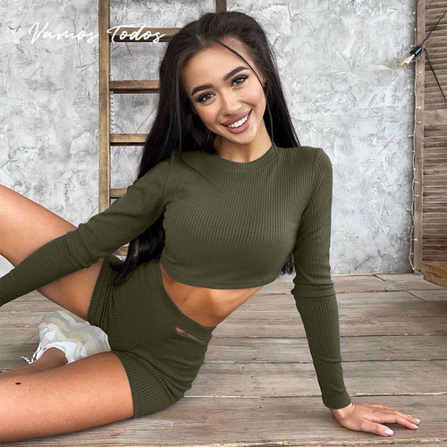 Stretchy Crop Top Women Long Sleeve Suits for Women High Waist Slim Fit Woman Outfits Casual Women's Tracksuit Two Pieces Sets