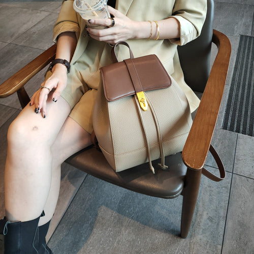 String Close Design Classic Women Backpack Full Grain Cowhide Leather Female Double Shoulder Bag All-match College Schoolbag