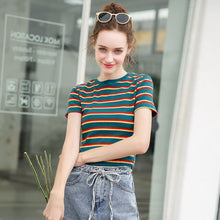 Load image into Gallery viewer, Stripe Elegant V Neck Female Summer Top Lace T Shirt Shirts Feminina For Women Tops Friends Tees Tshirt Korean Clothes