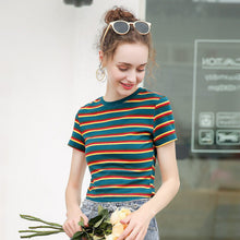 Load image into Gallery viewer, Stripe Elegant V Neck Female Summer Top Lace T Shirt Shirts Feminina For Women Tops Friends Tees Tshirt Korean Clothes