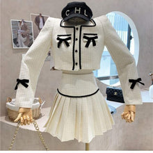 Load image into Gallery viewer, Suits Women Spring Autumn Square Collar Temperament Tweed Bowknot Short Jacket + High Waist A-Line Pleated Skirt Two-Piece Sets