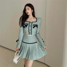 Load image into Gallery viewer, Suits Women Spring Autumn Square Collar Temperament Tweed Bowknot Short Jacket + High Waist A-Line Pleated Skirt Two-Piece Sets