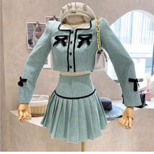 Load image into Gallery viewer, Suits Women Spring Autumn Square Collar Temperament Tweed Bowknot Short Jacket + High Waist A-Line Pleated Skirt Two-Piece Sets