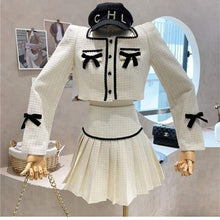 Load image into Gallery viewer, Suits Women Spring Autumn Square Collar Temperament Tweed Bowknot Short Jacket + High Waist A-Line Pleated Skirt Two-Piece Sets
