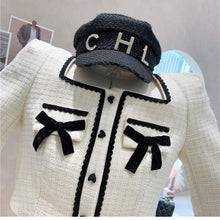 Load image into Gallery viewer, Suits Women Spring Autumn Square Collar Temperament Tweed Bowknot Short Jacket + High Waist A-Line Pleated Skirt Two-Piece Sets