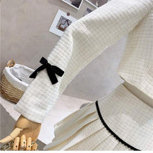 Load image into Gallery viewer, Suits Women Spring Autumn Square Collar Temperament Tweed Bowknot Short Jacket + High Waist A-Line Pleated Skirt Two-Piece Sets