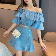 Load image into Gallery viewer, Summer 2021 Korean Temperament Slash Neck Ruffle Top + High-waisted Fishtail Half-length Skirts Denim Suits Two Piece Sets Women