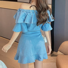 Load image into Gallery viewer, Summer 2021 Korean Temperament Slash Neck Ruffle Top + High-waisted Fishtail Half-length Skirts Denim Suits Two Piece Sets Women