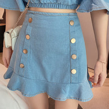 Load image into Gallery viewer, Summer 2021 Korean Temperament Slash Neck Ruffle Top + High-waisted Fishtail Half-length Skirts Denim Suits Two Piece Sets Women