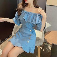 Load image into Gallery viewer, Summer 2021 Korean Temperament Slash Neck Ruffle Top + High-waisted Fishtail Half-length Skirts Denim Suits Two Piece Sets Women