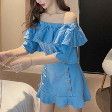 Load image into Gallery viewer, Summer 2021 Korean Temperament Slash Neck Ruffle Top + High-waisted Fishtail Half-length Skirts Denim Suits Two Piece Sets Women
