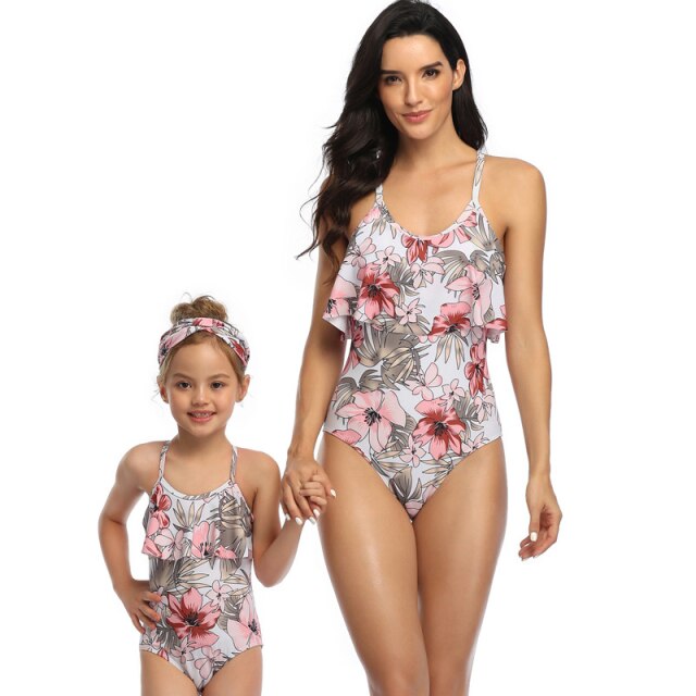 Summer 2021 New Parent-Child Swimsuit  Printed Ruffled One-Piece Bikini