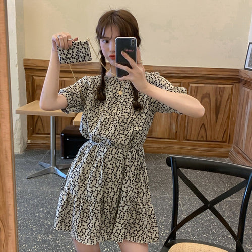 Summer 2021 New Vintage Floral Ruffled Design Sense Niche Short Sleeve Skirt Waist-Tight Dress Women's Clothing